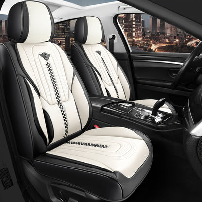 PU Leather Car Seat Cover Full Enclosure with Lumbar Support & Sponge Cushion – Two-Tone Sporty Design Universal Fit for Car Sedan Truck SUV (White-Black / Gray / Red-Black / Orange-Black)
