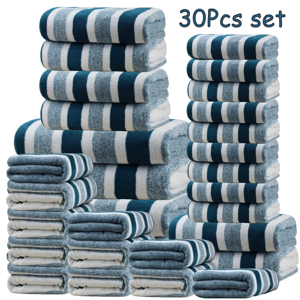 Thirty-Piece Striped Bath Towel Set with Bath, Hand and Washcloth Sizes in Ten Color Checkouts