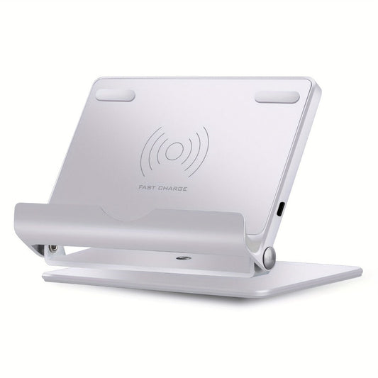 360° Rotatable Wireless Charger Phone Stand 15W Zinc Alloy Hands-Free Holder for Google Pixel 9 Pro XL 8a 8 Pro 7a 7 Pro, Samsung Galaxy S24 Ultra S23 S22, iPhone 16 15 14 13 12 All Qi Android – Silver