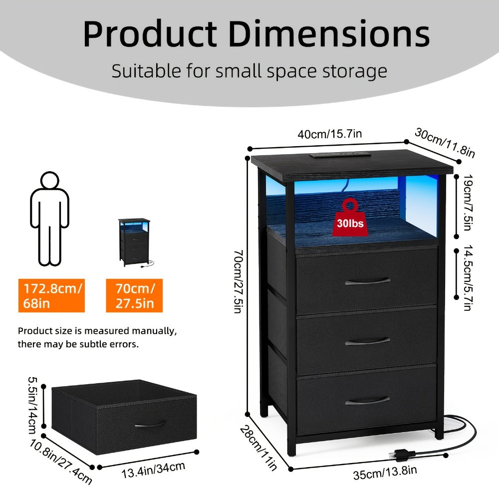 Nightstand Three Fabric Drawers with Charging Station, Open Shelf and Optional LED Configuration
