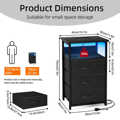 Nightstand Three Fabric Drawers with Charging Station, Open Shelf and Optional LED Configuration