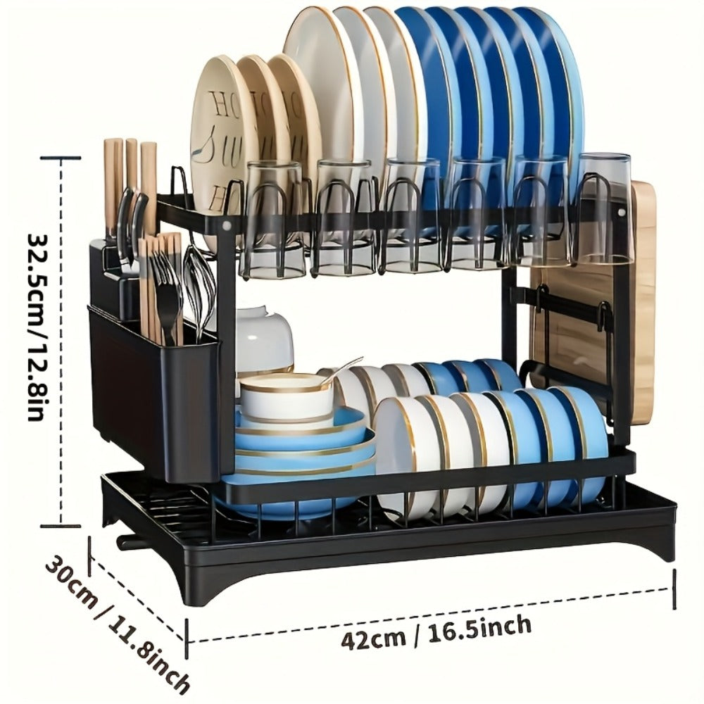 Two-Tier Dish Drying Rack with Rotating Drain Tray, Cup Holders and Black or White Frame Options