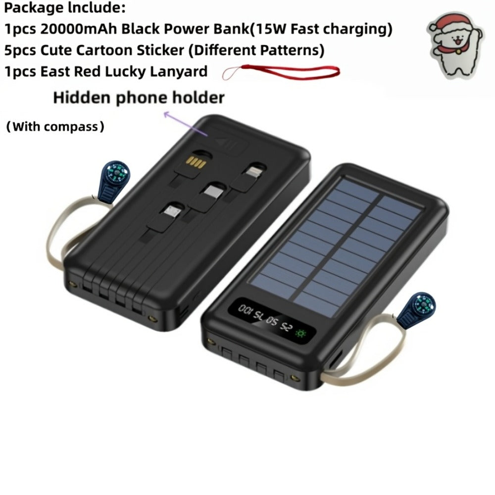 Solar Power Bank, 10000mAh to 30000mAh Charger with Built-In Cables, LED Light, Digital Display and 5W or 15W Options
