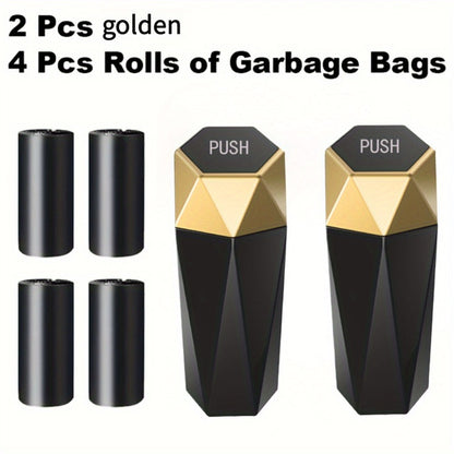 Diamond-Pattern Mini Car Trash Can Pair with Four Bag Rolls, Push Lids and Four Color Choices