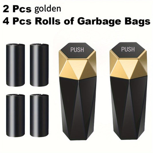 Car Trash Can with Trash Bags – Mini Diamond Design Car Bin Set, 2 Cans + 60 Bags (4 Rolls), One-Button Lid, Fits Cars Trucks SUVs – Car Interior Organizer