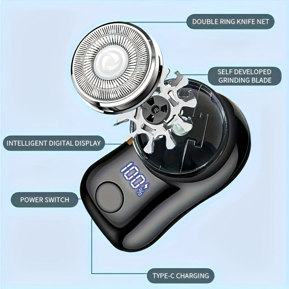 Compact Black Dual-Ring Rotary Electric Razor with Digital Battery Display, USB Cable and Travel-Size Body