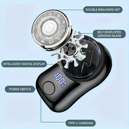 Compact Black Dual-Ring Rotary Electric Razor with Digital Battery Display, USB Cable and Travel-Size Body