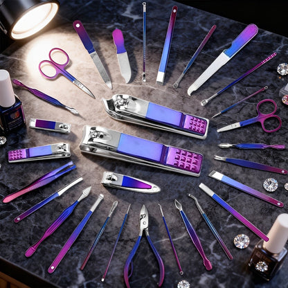 Portable Manicure and Pedicure Tool Set in 9-, 18-, 30- or 60-Piece Case Configurations for Nail Care