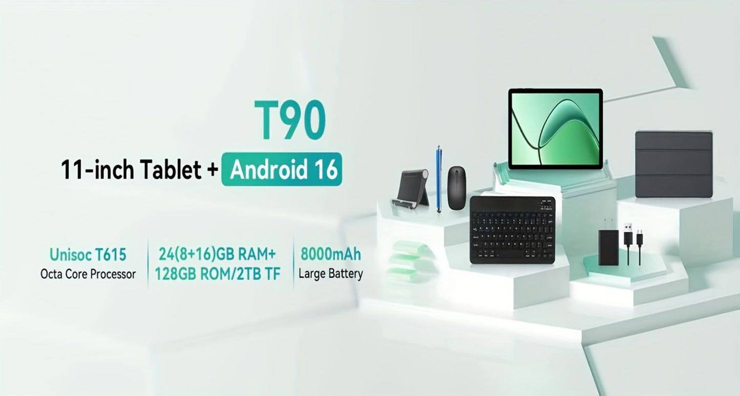 TABWEE T90 11-Inch Android 16 Tablet with 24GB Configured Memory, 128GB Storage and 1200 x 1920 IPS Display