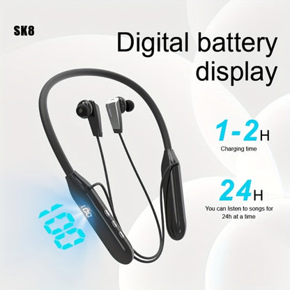 Neckband Sport Bluetooth Earphones Wireless In-Ear Flexible Neckband Extra Long Battery Life LED Display Running Gym Workout Calls Gaming Outdoor Activities Black