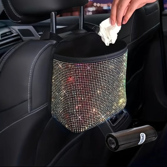 Bling Rhinestone Car Trash Can with Trash Bag – Sparkling Crystal Hanging Seat Back Bin, Space-Saving Car Interior Organizer for Women & Girls