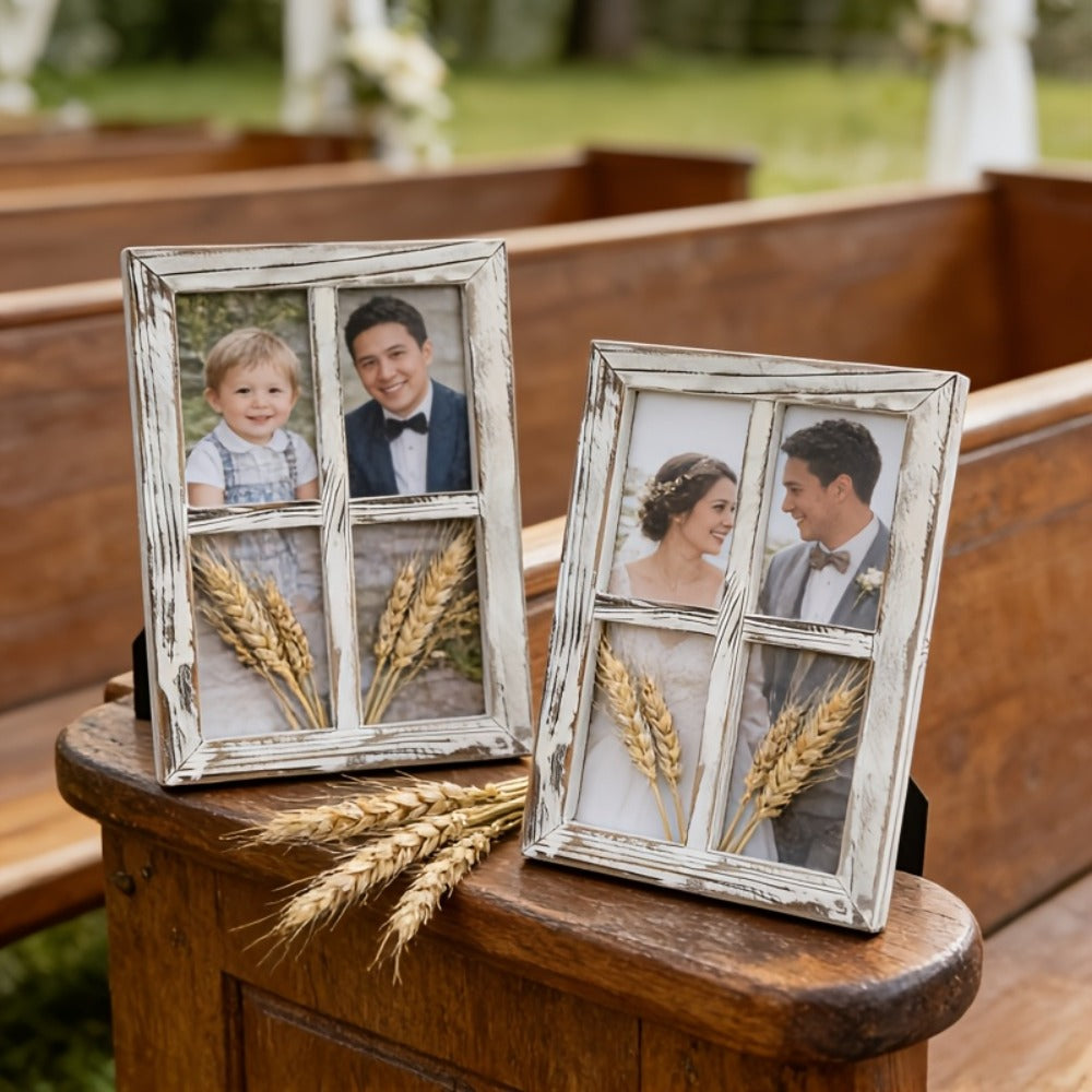 Distressed Wood Window Frame Wall Decor, Two-Piece Set in Rectangular or Arched Styles without Glass