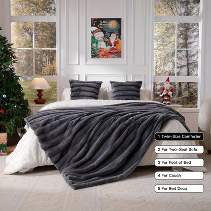 Double-Layer Faux Rabbit Fleece Blanket in Grey, Khaki or Beige with Five Sizes from Small Throw to King