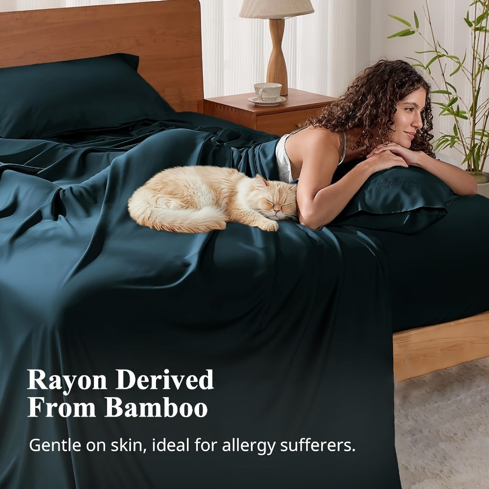 Four-Piece Rayon-from-Bamboo Sheet Set in 12 Solid Colors for Twin, Full, Queen or King Beds