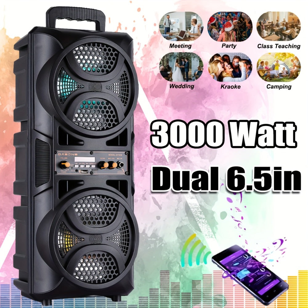 Portable Wireless PA Speaker System Dual 6.5" Subwoofer 3000W Bluetooth TWS Karaoke Outdoor Party Speaker with Microphone LED Light AUX USB FM Remote Control
