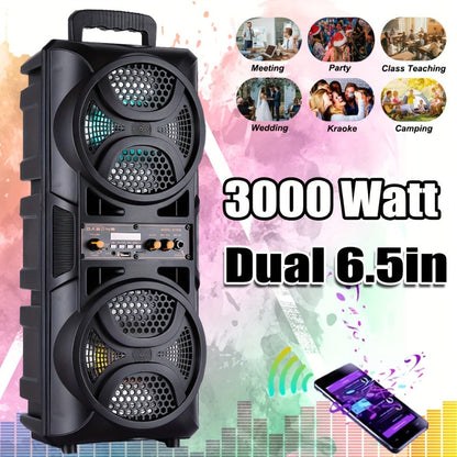 Portable Wireless PA Speaker System Dual 6.5" Subwoofer 3000W Bluetooth TWS Karaoke Outdoor Party Speaker with Microphone LED Light AUX USB FM Remote Control