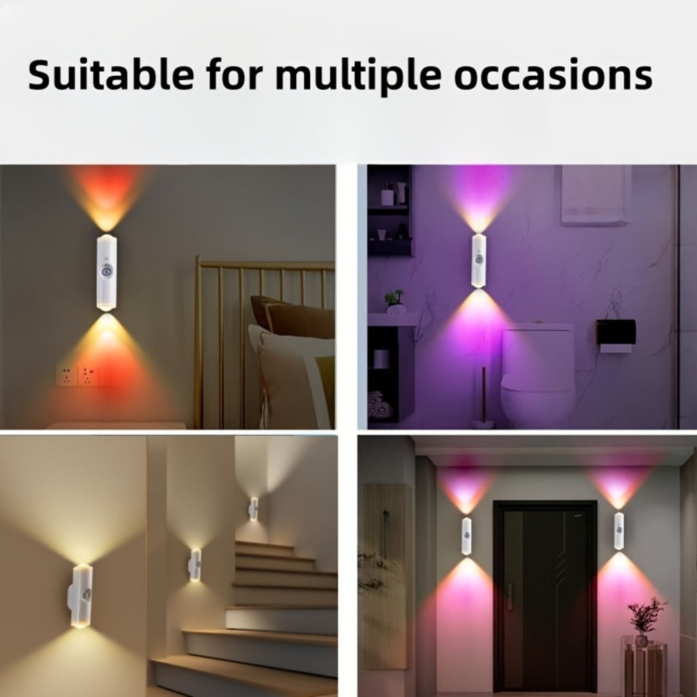 Cat Eye LED Wall Light Motion Sensor – 6 Pack USB Rechargeable Night Lamp, 3 Color Settings, Wireless Auto Sensing No Wiring for Bedroom Stairs Closet Bathroom Hallway (RGB / Three Colors)