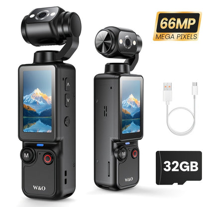 W&O 4K- and 66MP-Labeled Action Camera with 180-Degree Rotating Lens, 32GB Card and Black or White Body