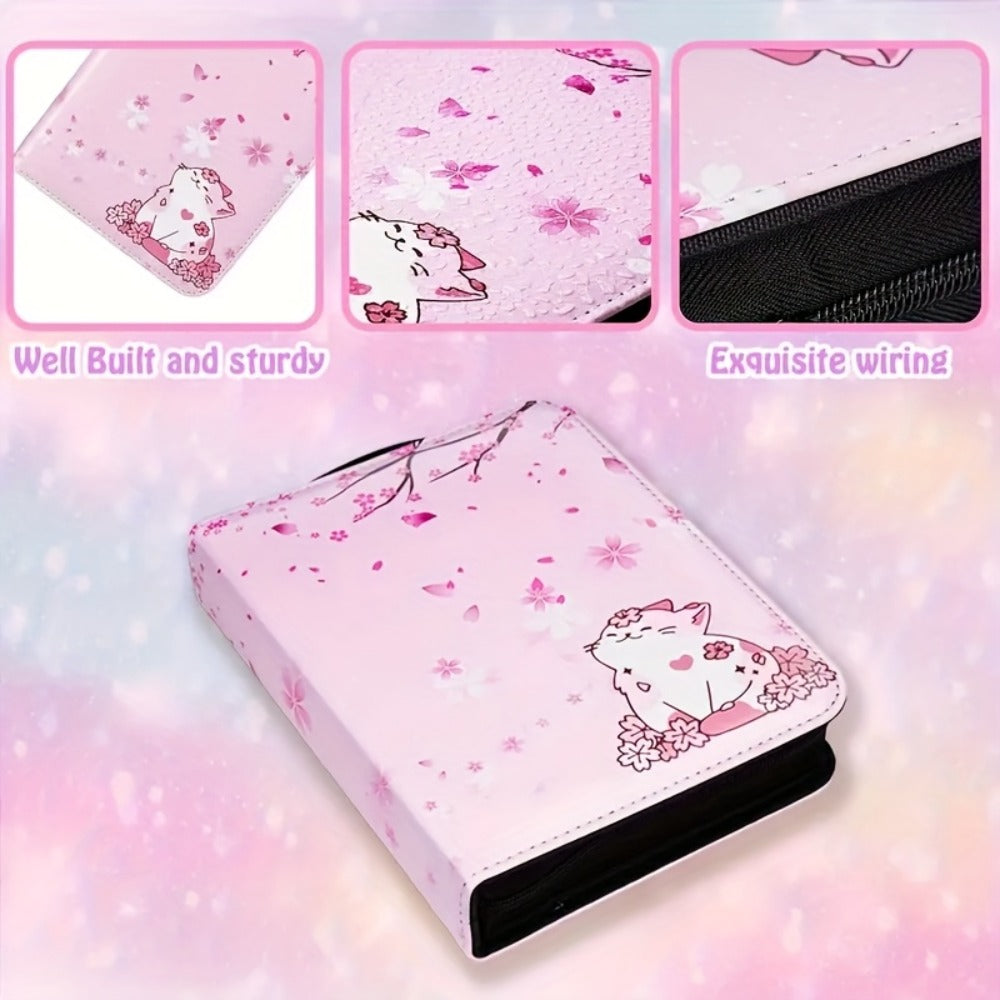 Pink Cat and Cherry Blossom Trading Card Binder with Zipper Closure, 900 Pockets and 13.2-Inch Height