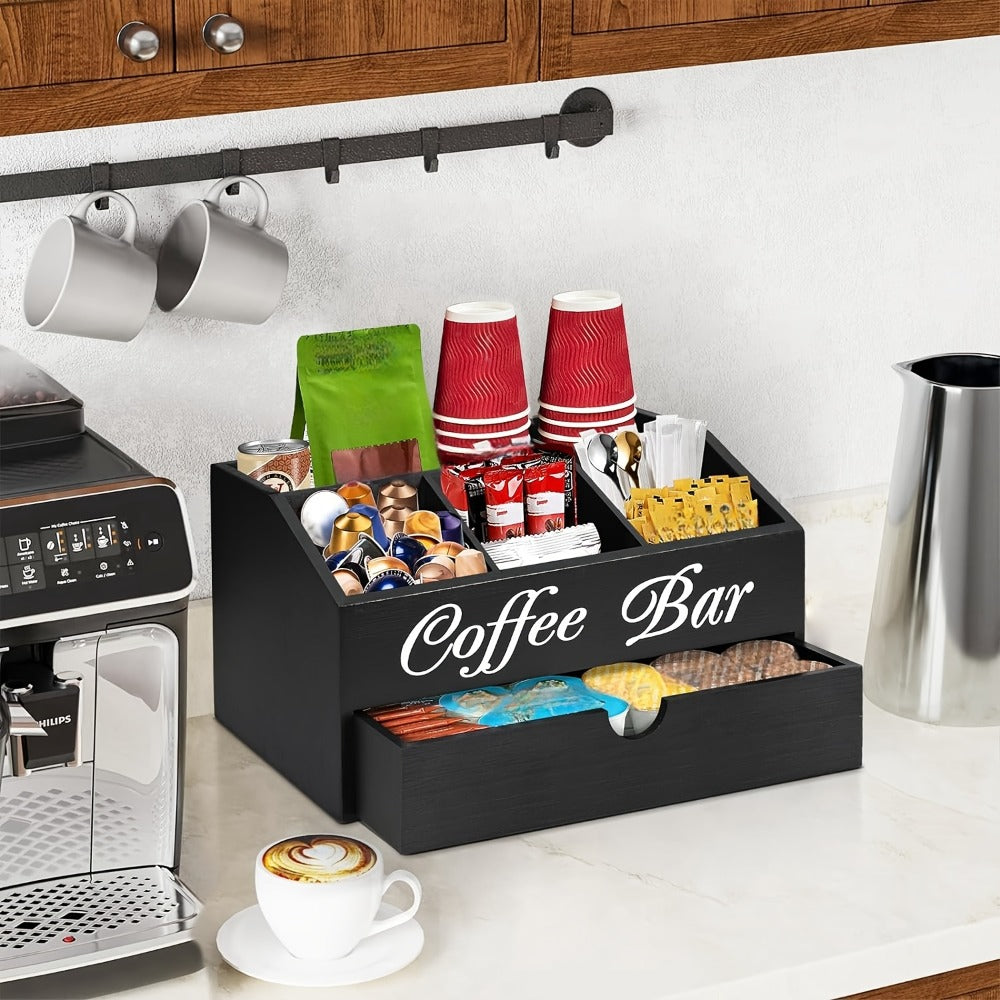 Coffee Bar Station Kitchen Organizer Wood Countertop Rack with Five Compartments and One Drawer