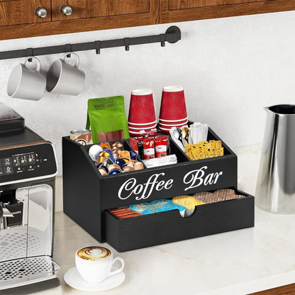 Coffee Bar Station Kitchen Organizer Wood Countertop Rack with Five Compartments and One Drawer
