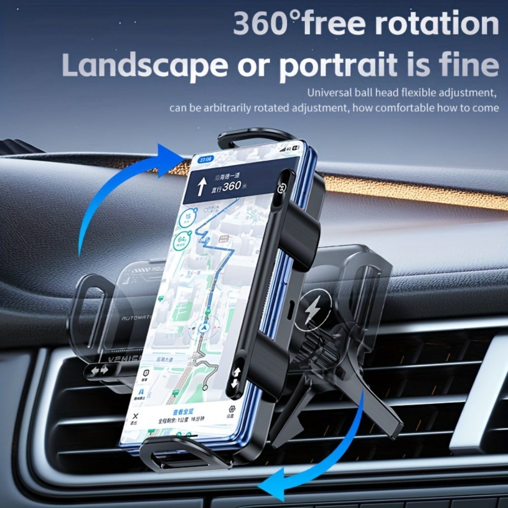 Car Wireless Charger Mount for Samsung Galaxy Z Fold 15W Auto-Clamping Fast Charging Holder – 360° Rotating Ball Joint, Air Vent & Center Console Mount, Super Capacitor Power-Off Delay | All Qi Phones