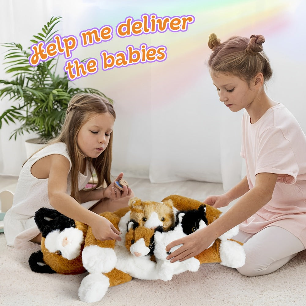 Stuffed Animal Mommy Cat Set with Four Baby Kittens, Five-Piece Family Design and Soft Fabric