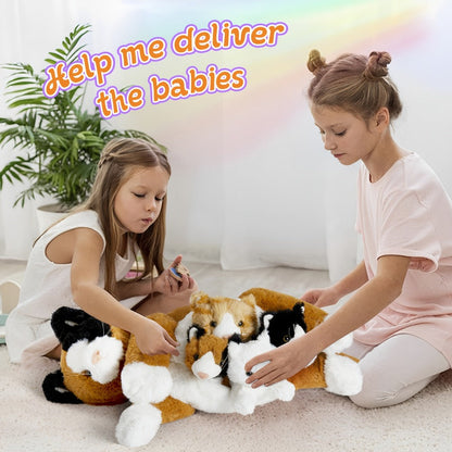 Stuffed Animal Mommy Cat Set with Four Baby Kittens, Five-Piece Family Design and Soft Fabric