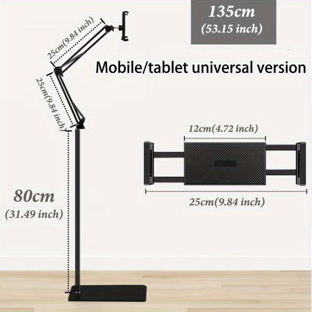 Floor-Standing Phone and Tablet Holder with Articulating Arm, Rotating Clamp and Exact 68.9-Inch Option
