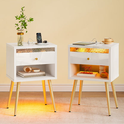 Nightstand, Set of 2 Nightstands with USB Charging Ports LED Strip Drawer Open Storage 12 shown in the main product view