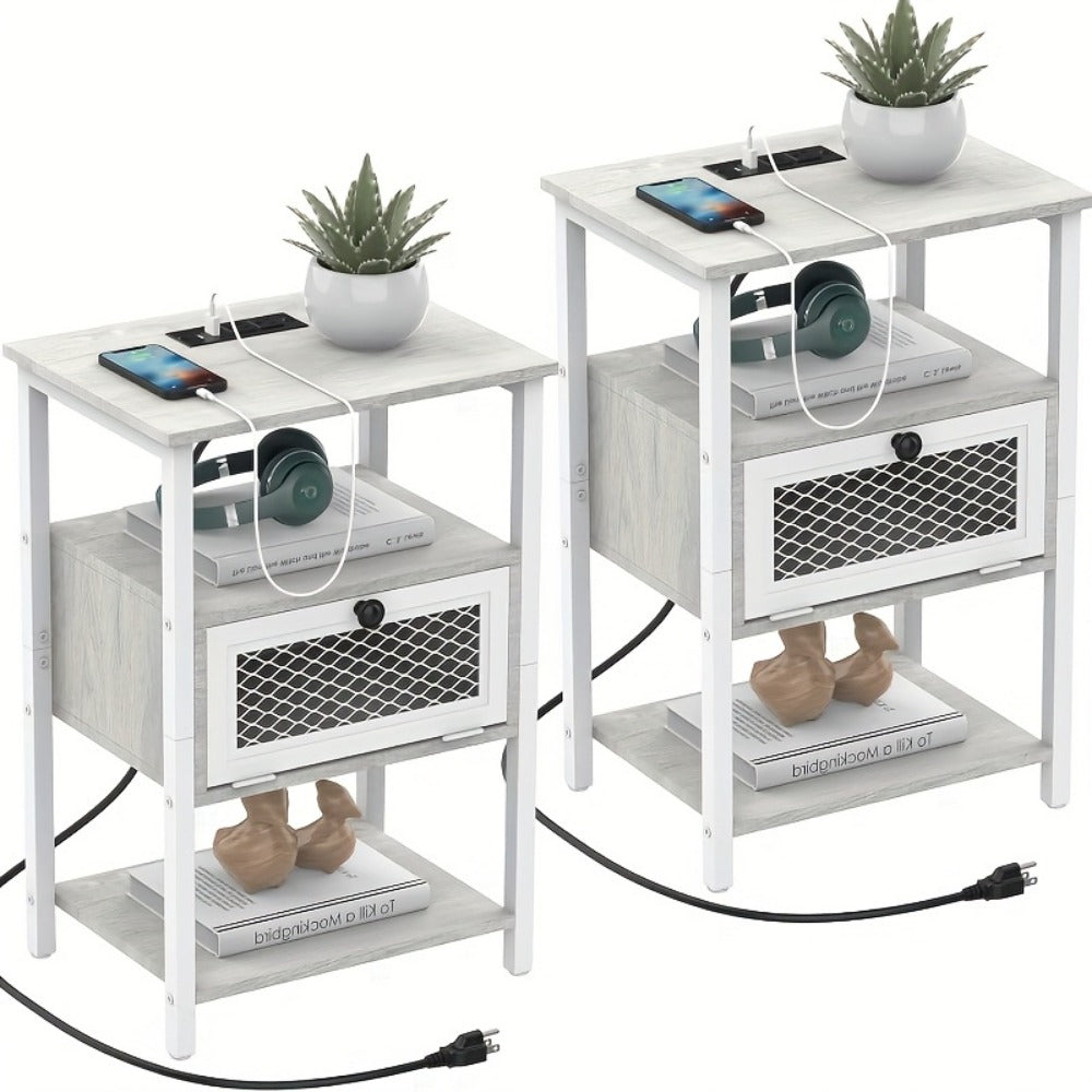 Nightstand, Set of 2 with Charging Station, Farmhouse Bedside Table Pair with USB Ports & shown in the main product view