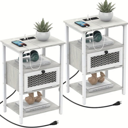 Nightstand, Set of 2 with Charging Station, Farmhouse Bedside Table Pair with USB Ports & shown in the main product view