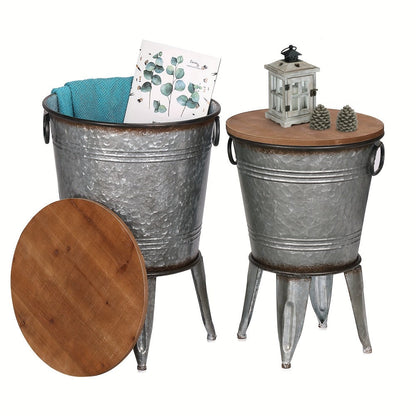 End Table, Set of 2 Rustic Farmhouse End Tables with Round Wood Lids, Galvanized Metal shown in the main product view