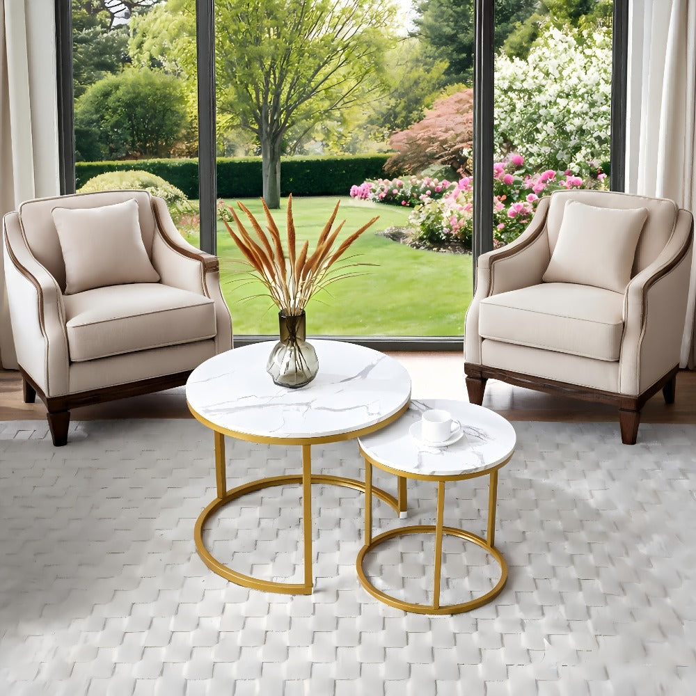 Coffee Table, Nesting Set of 2 Round Faux Marble Top MDF Metal Frame Space Saving shown in the main product view