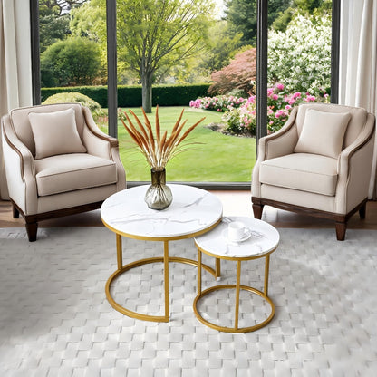 Coffee Table, Nesting Set of 2 Round Faux Marble Top MDF Metal Frame Space Saving shown in the main product view