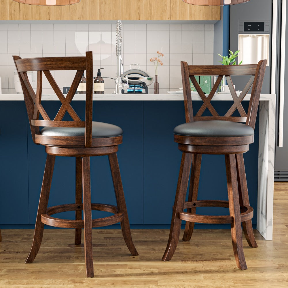 Bar Stool, Set of 2 High Back Swivel Bar Stools with Upholstered Seat & Solid Wood shown in the main product view