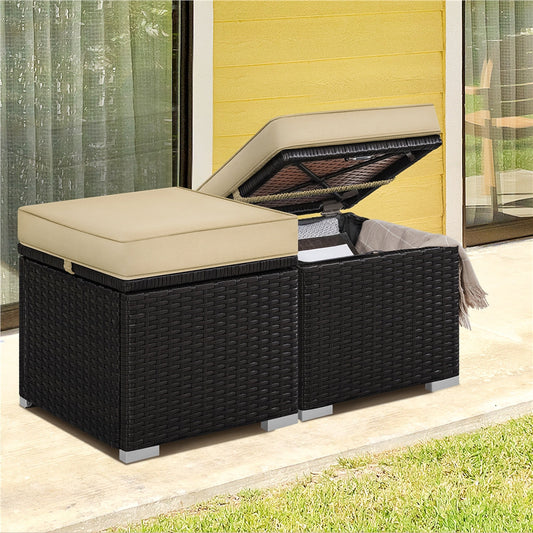 Outdoor Ottoman, Rattan Ottoman Set of 2 with Hidden Storage & Removable Cushions shown in the main product view