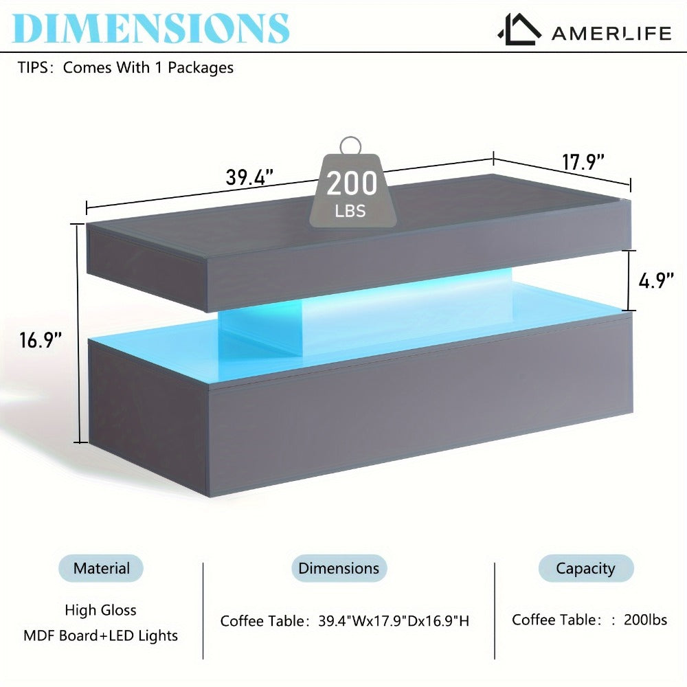 2-Tier Coffee Table with LED Lighting, Living Room Coffee Table detail image - detail view 3