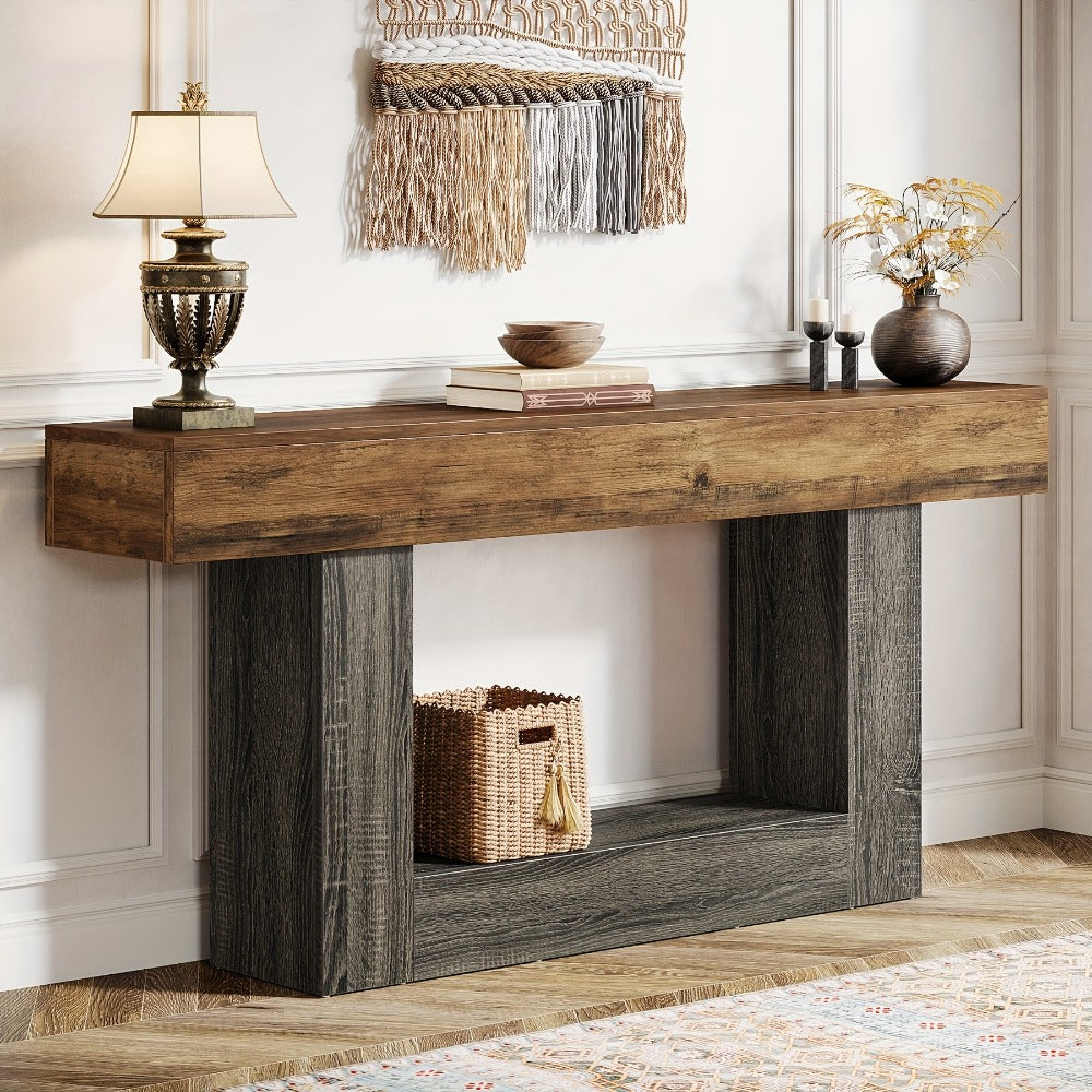 Console Table, 63 Inch Farmhouse with U-Shaped Base & 2-Tier Shelves, Rustic Brown & Grey shown in the main product view