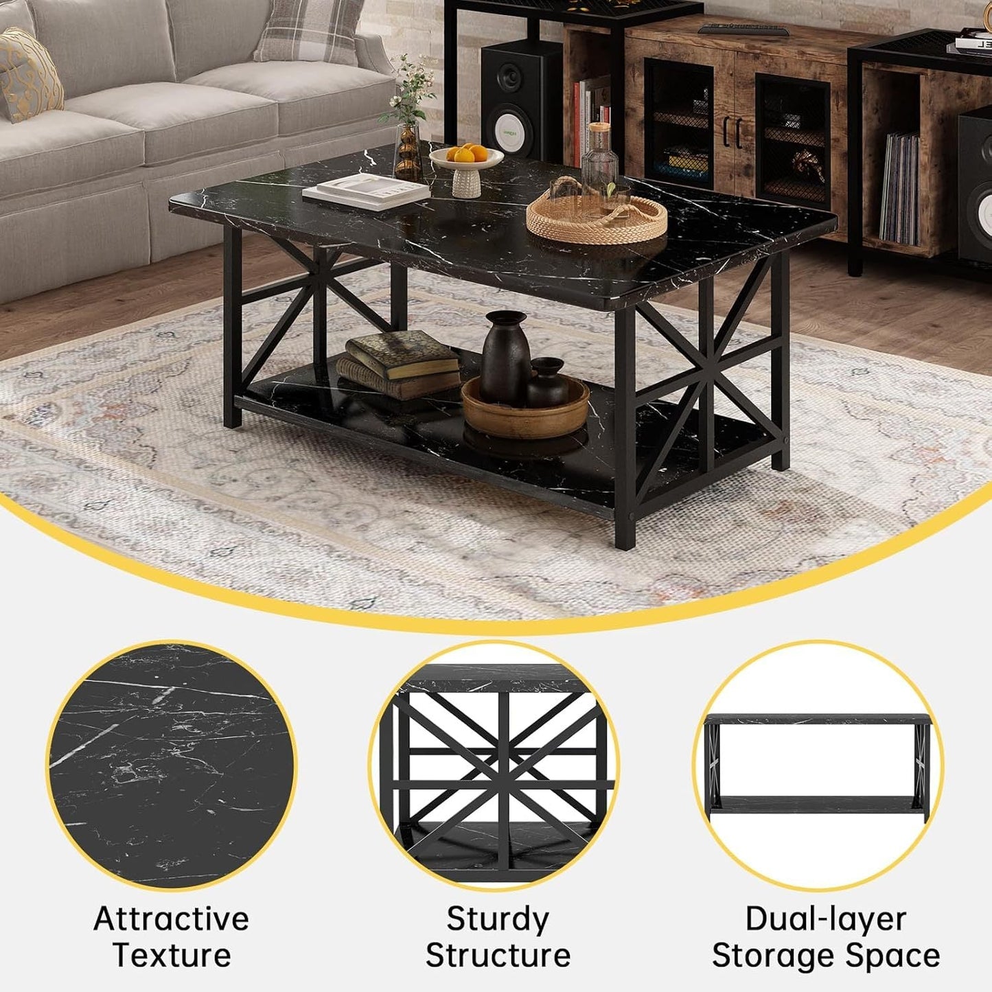 2-Tier Faux Marble Coffee Table with Multiple Color Options, Living Room Center Table detail image - detail view 13