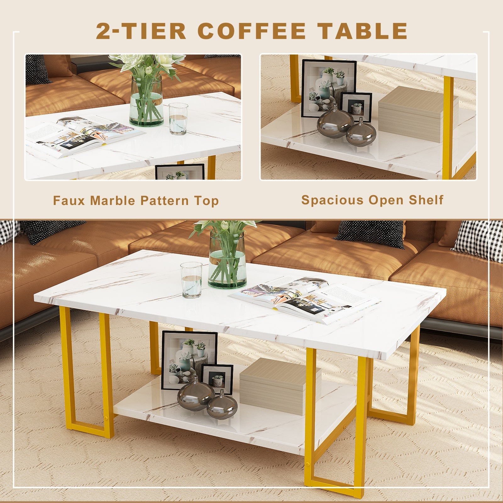 2-Tier Faux Marble Coffee Table with Multiple Color Options, Living Room Center Table detail image - detail view 14