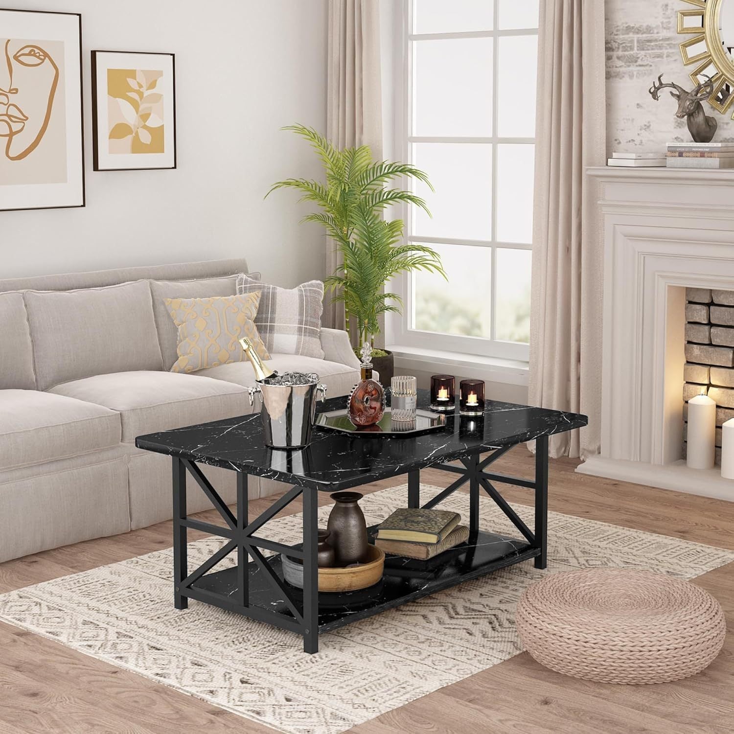 2-Tier Faux Marble Coffee Table with Multiple Color Options, Living Room Center Table detail image