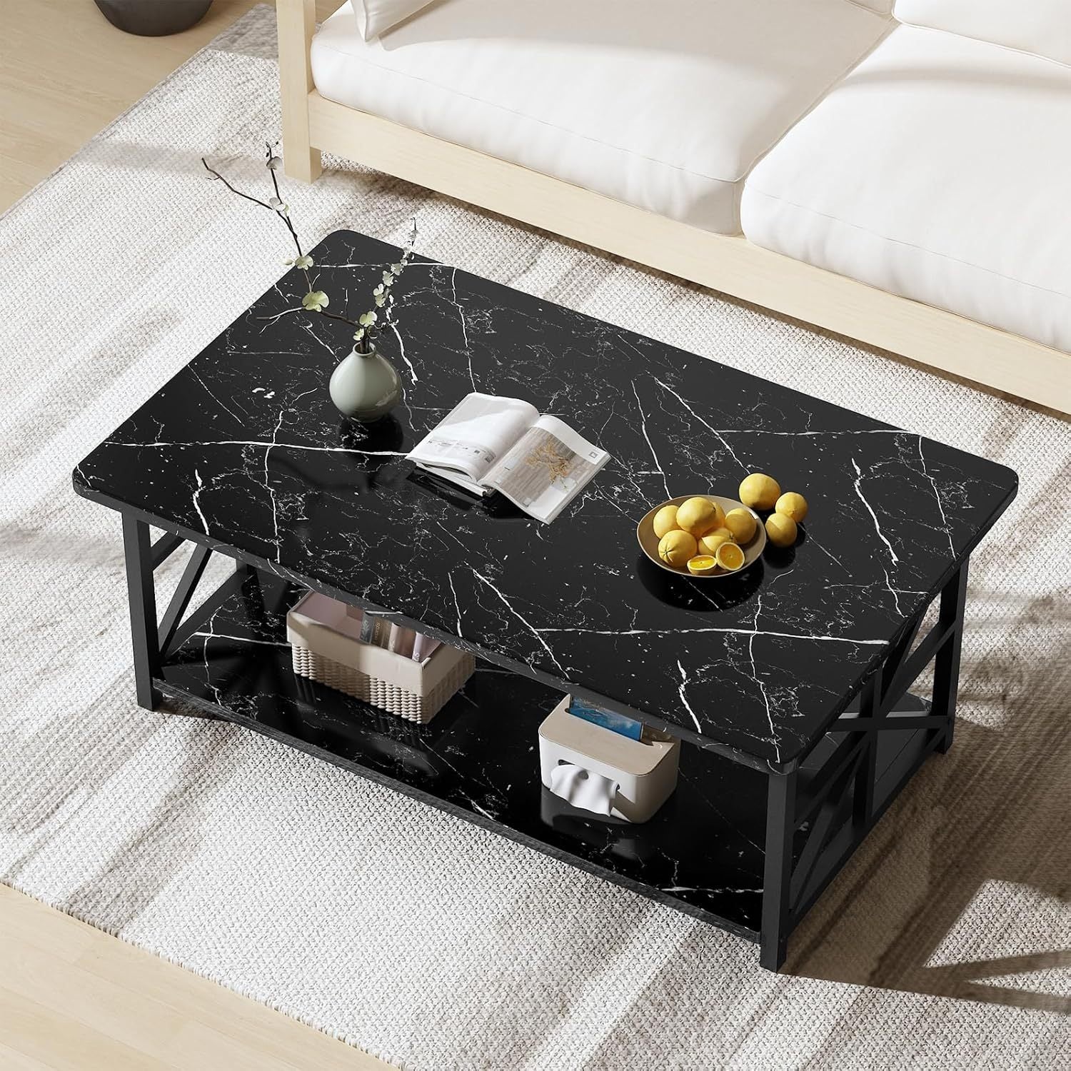 2-Tier Faux Marble Coffee Table with Multiple Color Options, Living Room Center Table detail image - detail view 3
