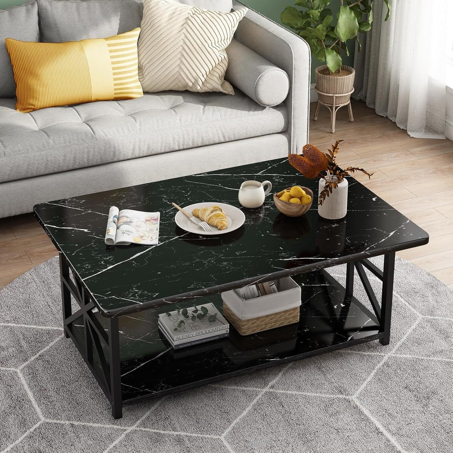 2-Tier Faux Marble Coffee Table with Multiple Color Options, Living Room Center Table detail image - detail view 5