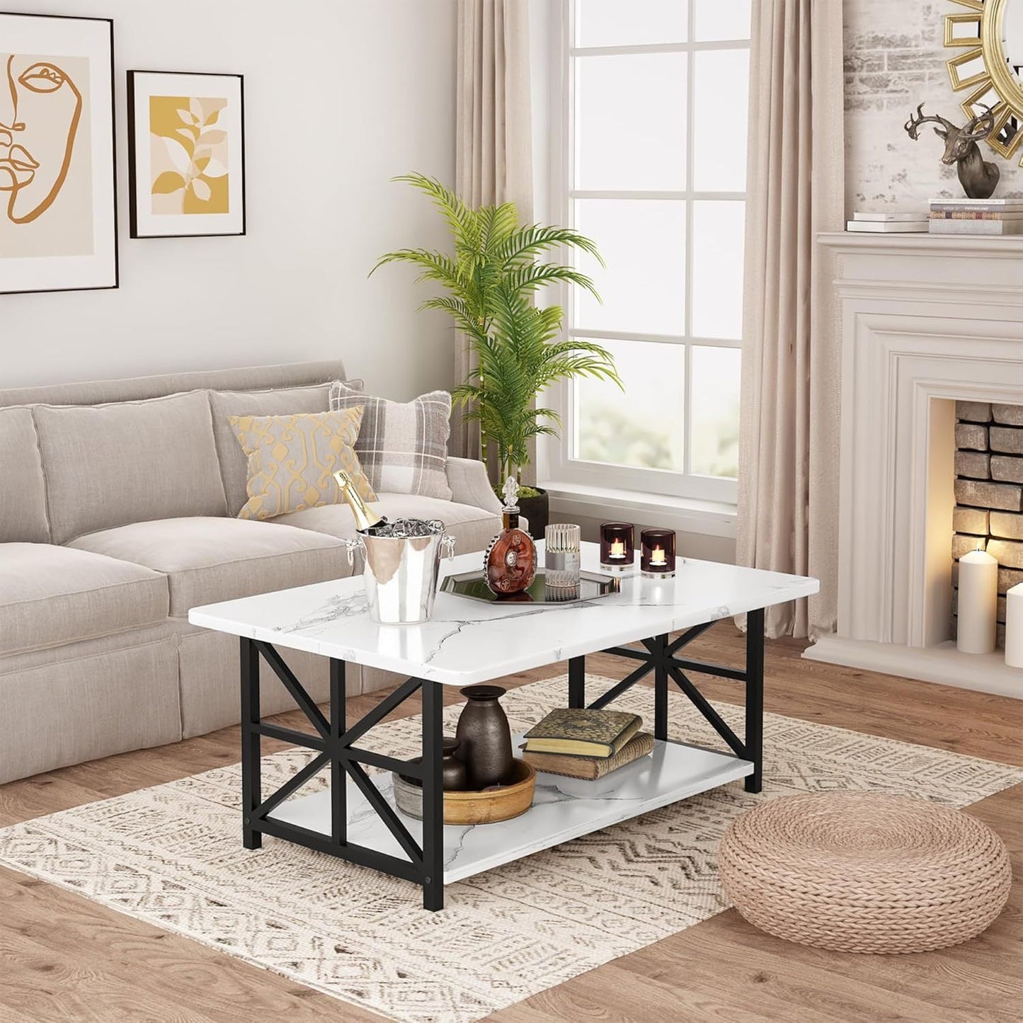 2-Tier Faux Marble Coffee Table with Multiple Color Options, Living Room Center Table detail image - detail view 8