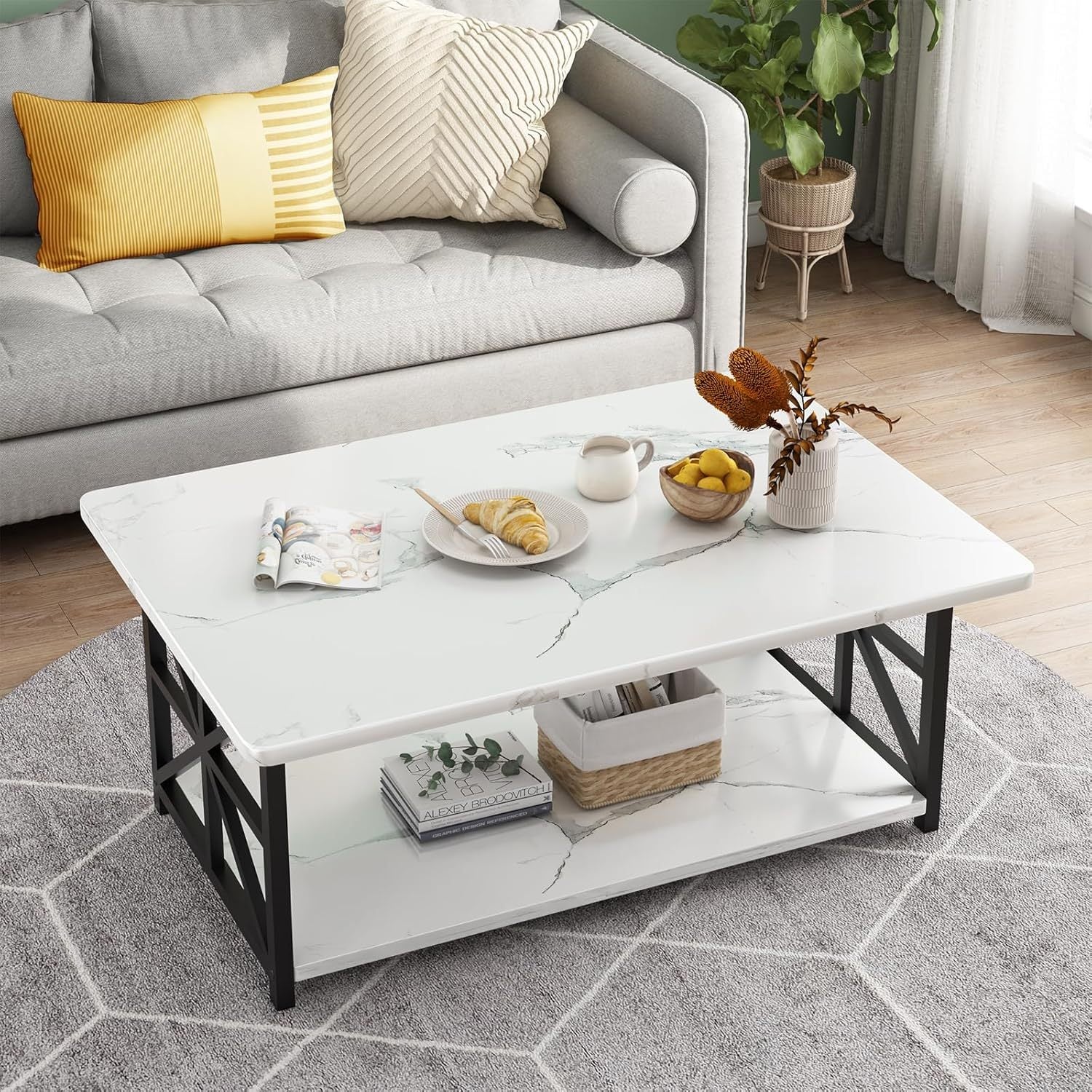 2-Tier Faux Marble Coffee Table with Multiple Color Options, Living Room Center Table detail image - detail view 9