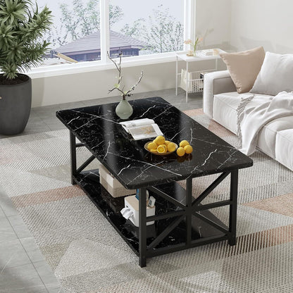 Coffee Table, Faux Marble 39 Inch 2-Tier with Metal Asterisk Frame & Rounded Corners shown in the main product view
