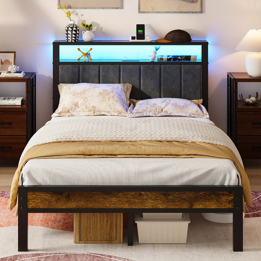 Bed Frame, Metal Platform with LED Headboard & Type-C Charging Station - 2-Tier Storage shown in the main product view
