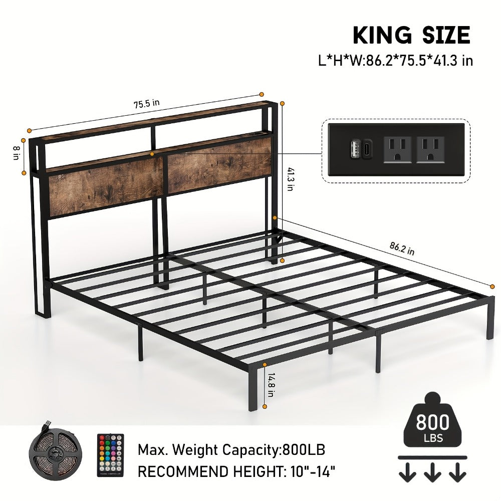 2-Tier Metal Bed Frame with LED Lighting and No Box Spring Needed detail image - detail view 9
