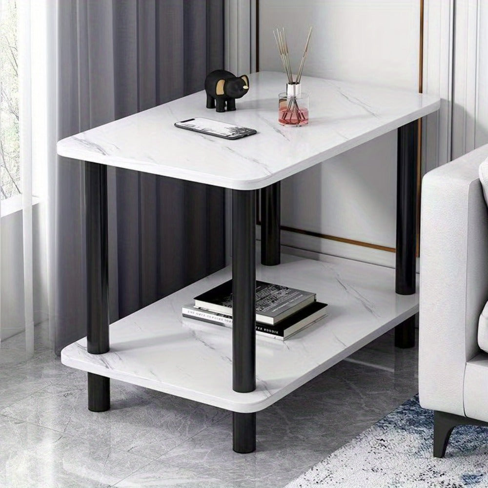 Side Table, Marble Look with 2-Tier Storage Shelf & Sturdy Metal Frame, Space-Saving shown in the main product view